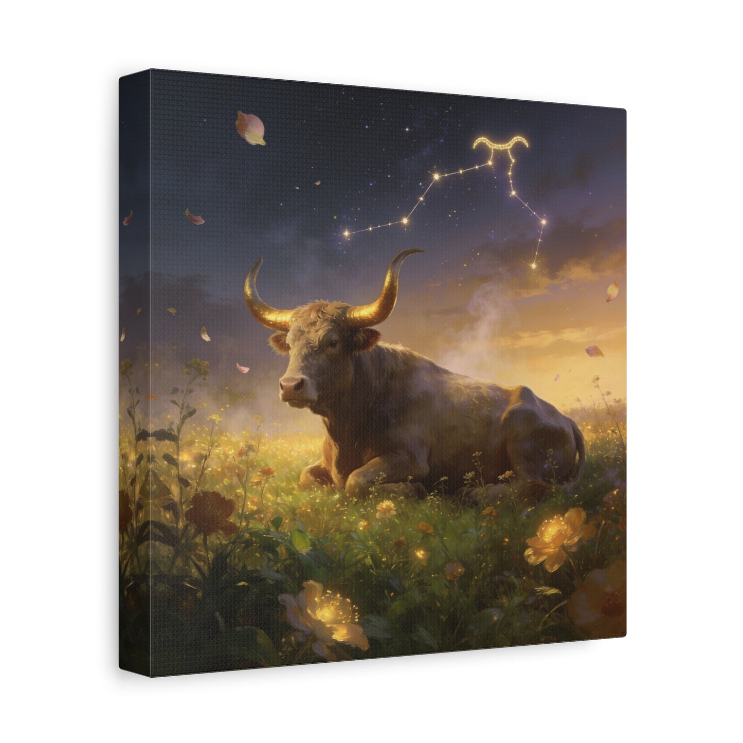 Taurus Zodiac Bull Canvas Wall Art - Celestial Constellation Night Meadow, Golden Horns, Dreamy Illustration - Matte Cotton Print - Bedroom Home Decoration, Office Wall Decor - Bedroom Home Decoration