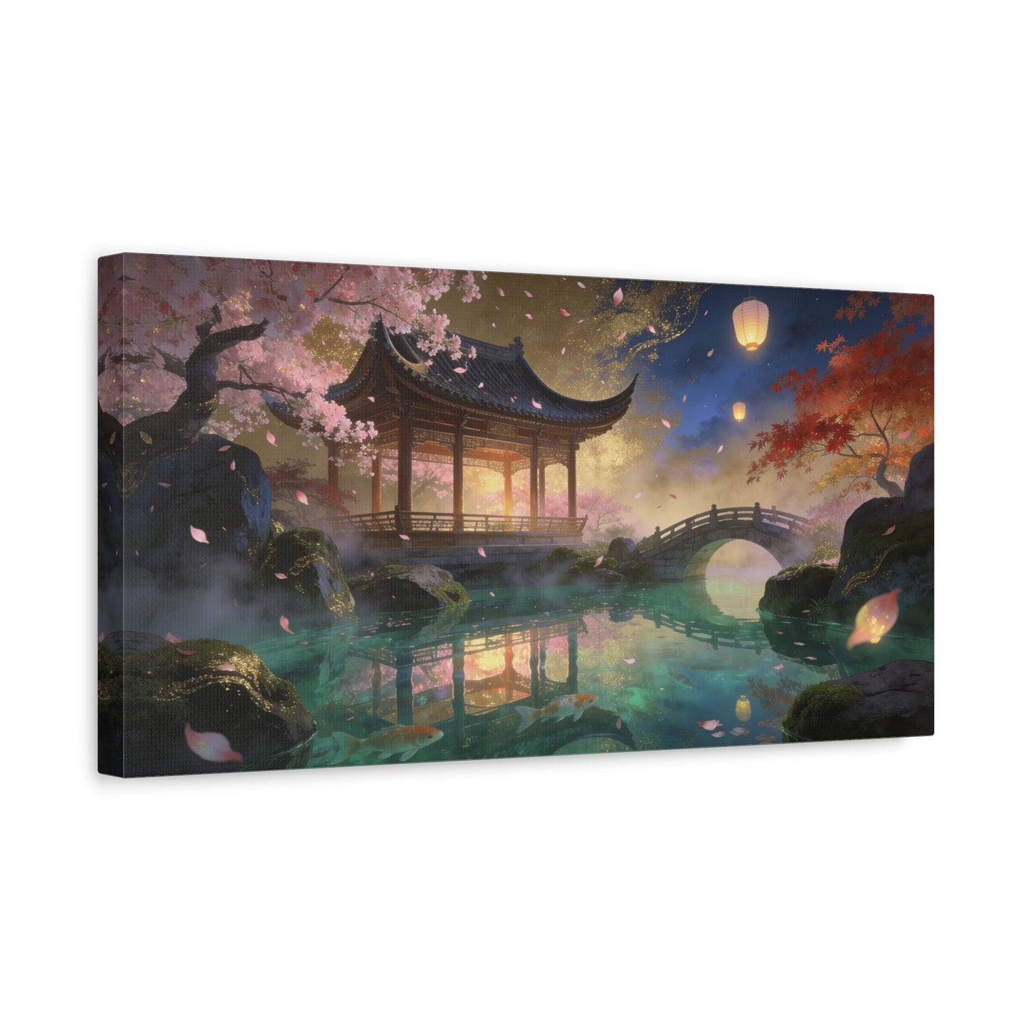 Japanese Garden Pavilion Canvas Wall Art - Cherry Blossom Pond, Lantern Night, Arched Bridge - Serene Traditional Landscape - Living Room Wall Decor, Bedroom Home Decoration - Bedroom Home Decoration