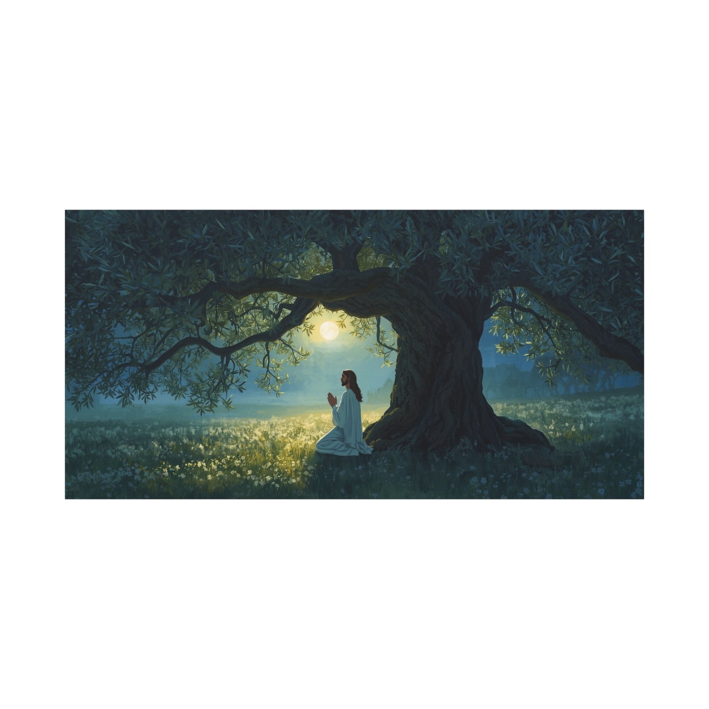 Jesus Praying In Gethsemane Canvas Wall Art - Moonlit Olive Tree Scene, Christian Wall Decor - Matte Cotton Print - Traditional Religious Style For Living Room Bedroom Office - Bedroom Home Decoration