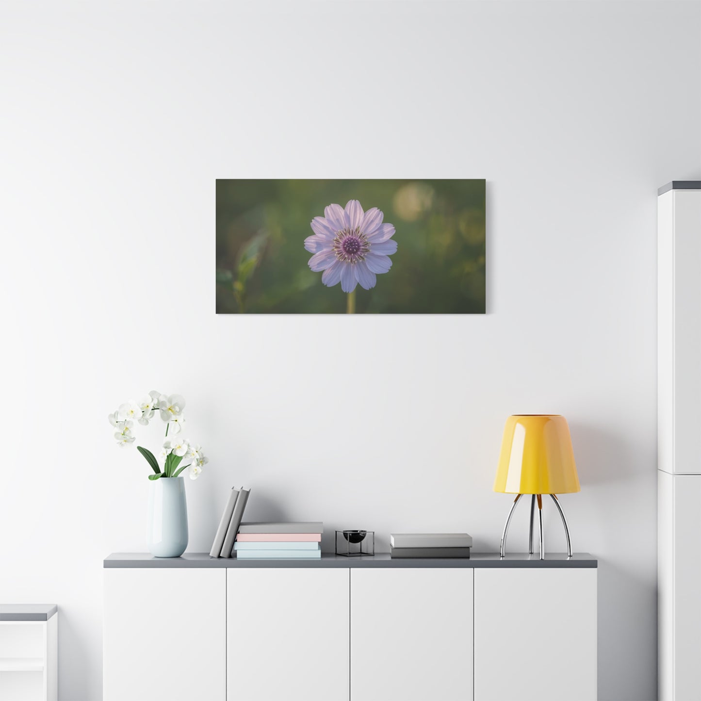 Purple Cosmos Flower Canvas Wall Art - Botanical Floral Art Print, Soft Green Bokeh Background - Matte Cotton Canvas - Contemporary Style, Bedroom Wall Decor, Living Room Accent
