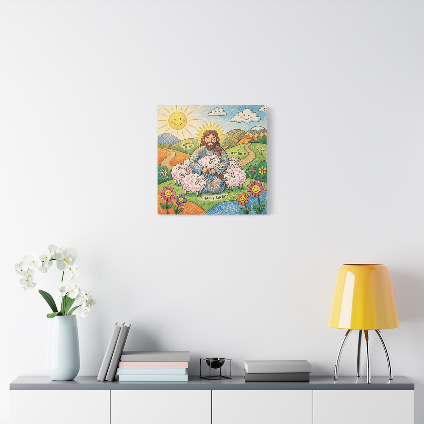 "Shepherd Jesus" "Happy Sheep" Jesus Canvas Wall Art - Christian Kids Nursery Decor, Colorful Religious Print - Matte Cotton Canvas - Playroom Bedroom Classroom Decoration - Living Room Wall Decor