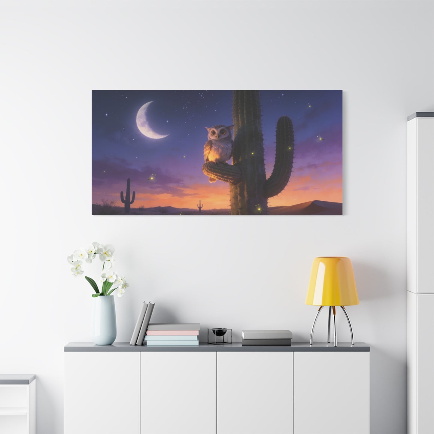 Owl On Saguaro Cactus Canvas Wall Art - Moonlit Desert Night Sky, Fireflies, Twilight Landscape - Matte Cotton Print - Contemporary Wildlife Style - Bedroom Living Room Decor - Living Room Wall Decor