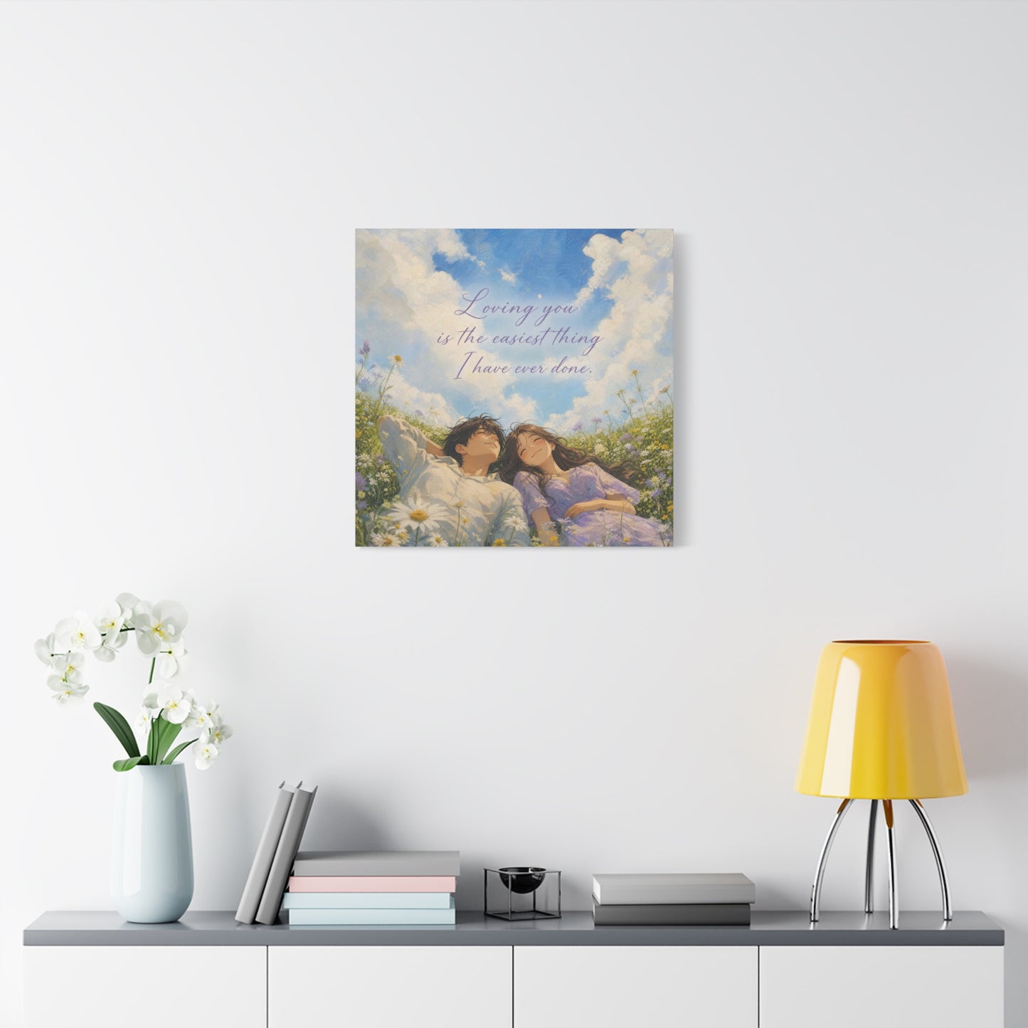 "Loving You Is The Easiest Thing I Have Ever Done." Canvas Wall Art - Romantic Couple In Wildflower Meadow Sky Quote Print - Dreamy Pastel Illustration - Ready to Hang - Living Room Wall Decor