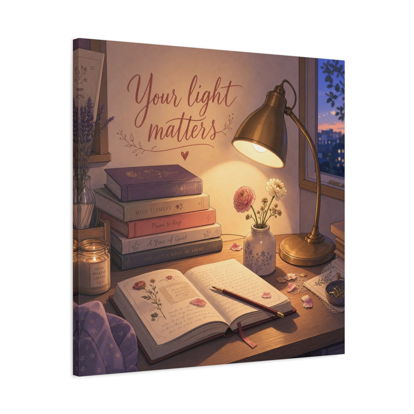 "Your Light Matters" Inspirational Canvas Wall Art - Cozy Desk Lamp Books Floral Print - Warm Vintage Bedroom Wall Decor - Reading Nook Home Decoration - Ready to Hang - Bedroom Home Decoration