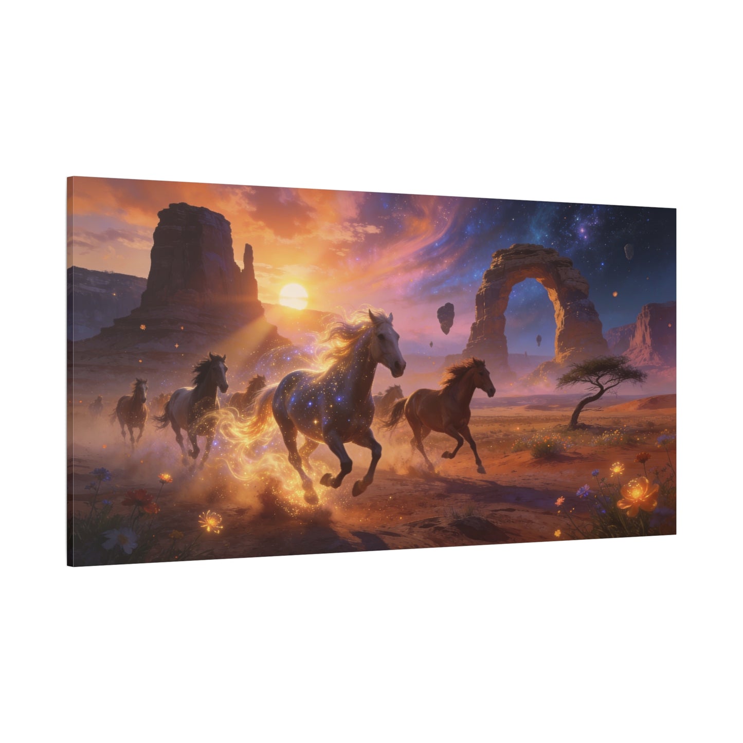 Celestial Wild Horses Canvas Wall Art - Fantasy Desert Arch Sunset, Glowing Galaxy Sky - Matte Cotton Print - Contemporary Landscape Style - Living Room Wall Decor - Bedroom Home Decoration
