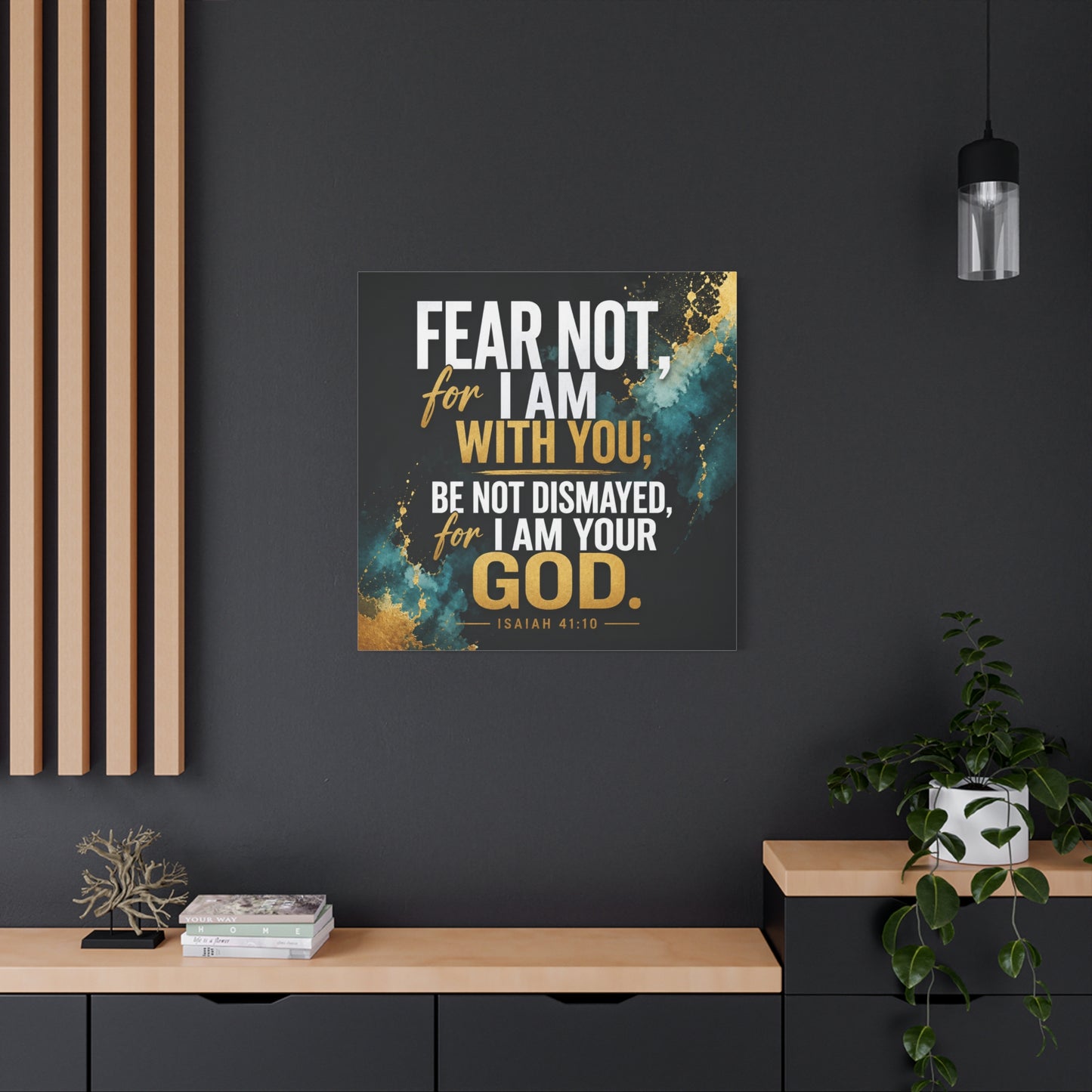 "Fear Not, For I Am With You, Be Not Dismayed, For I Am Your God. Isaiah 41:10" Christian Canvas Wall Art - Teal Gold Scripture Quote Print - Inspirational Bedroom Decor - Living Room Wall Decor
