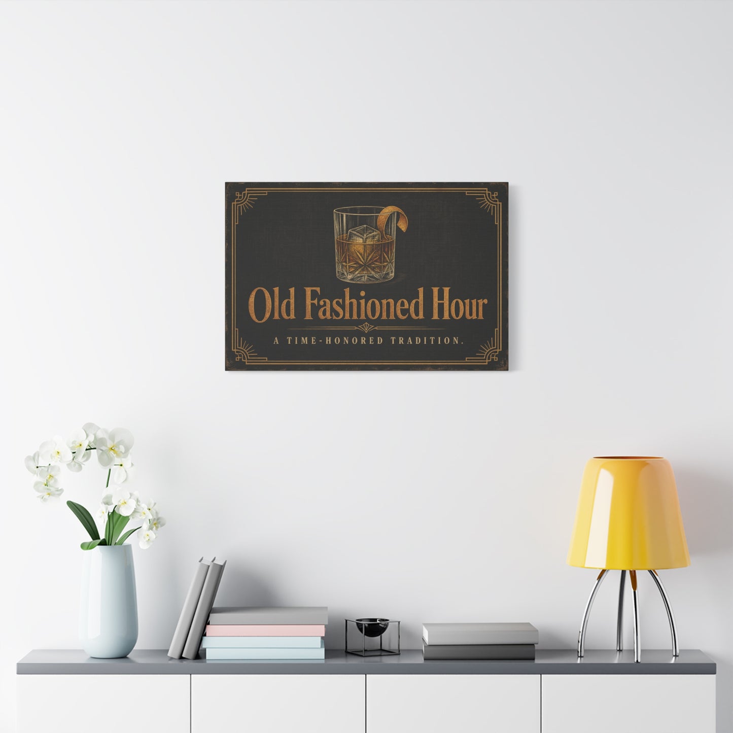 "Old Fashioned Hour" Canvas Wall Art - Vintage Whiskey Glass Quote Print, Art Deco Bar Cart Decor - Matte Cotton Wall Hanging - Speakeasy Lounge Style, Home Bar - Ready to Hang - Cocktail Lounge Decor
