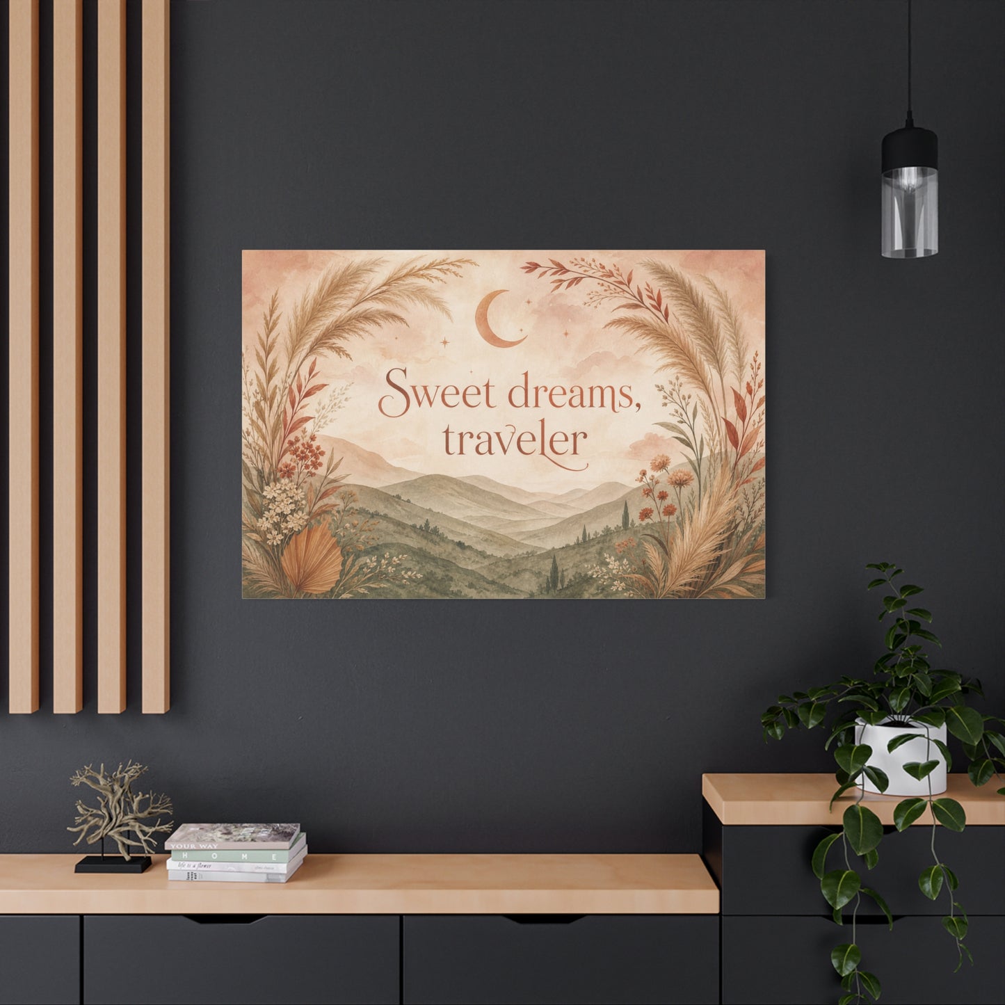 "Sweet Dreams, Traveler" Canvas Wall Art - Boho Moon Mountain Landscape Print - Neutral Botanical Bedroom Decor - Rustic Contemporary Wall Hanging - Ready to Hang - Bedroom Home Decoration
