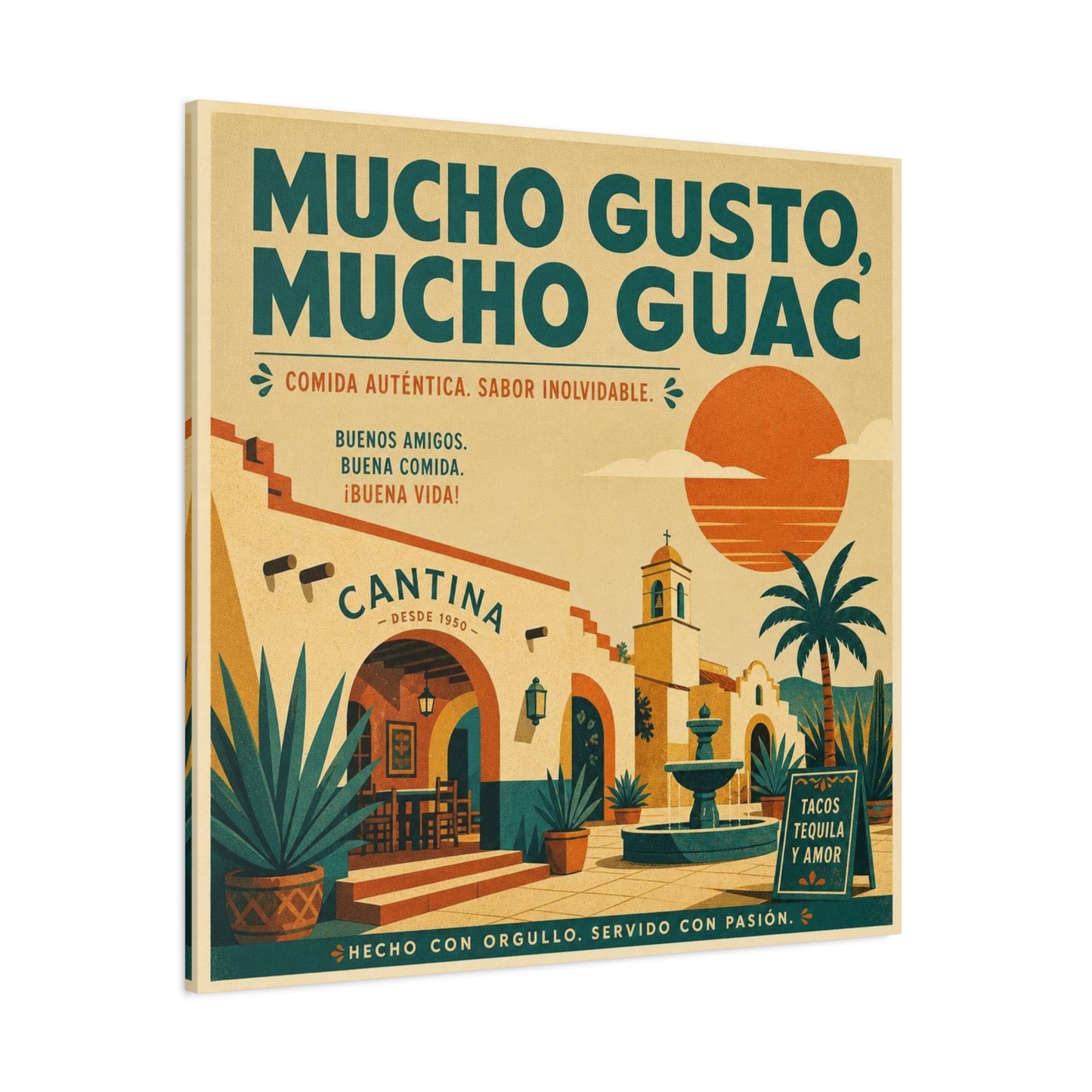 "Mucho Gusto, Mucho Guac" Cantina Canvas Wall Art - Mexican Restaurant Typography Print, Vintage Desert Courtyard Illustration, Cafe Wall Decor, Tequila Bar Sign, Workspace Accent - Ready to Hang