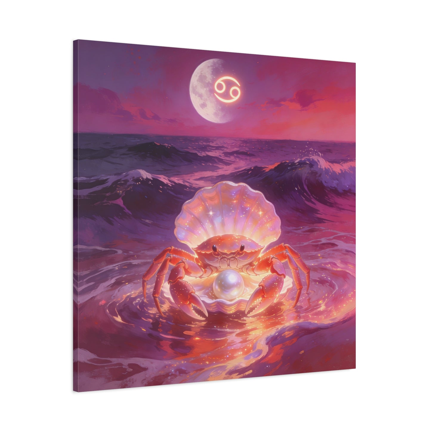Cancer Zodiac Crab Canvas Wall Art - Moonlit Ocean Pearl Illustration, Pink Purple Seascape - Surreal Coastal Style - Living Room Wall Decor, Bedroom Home Decoration - Bedroom Home Decoration