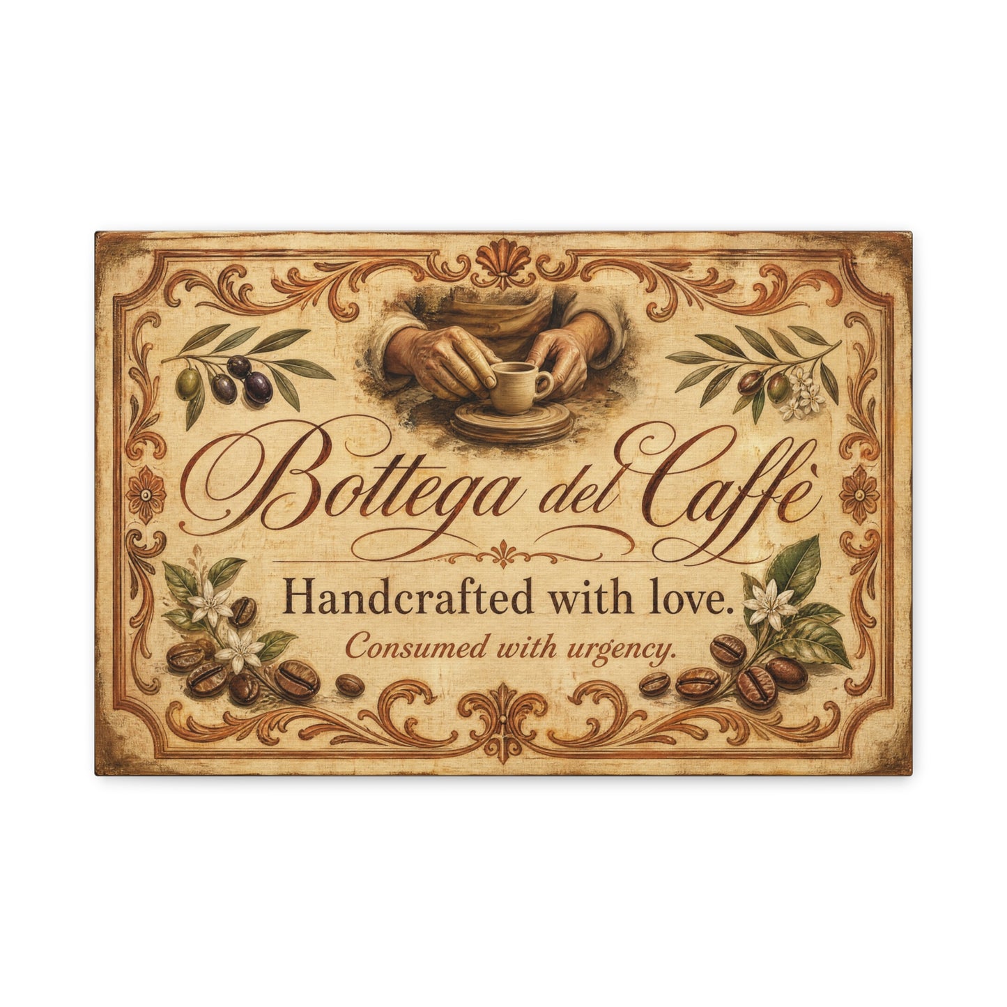 "Bottega del Caffe" Canvas Wall Art - Vintage Italian Coffee Quote Print, Olive Branches, Beans, Rustic Farmhouse Decor, Cafe Wall Hanging - Modern Farmhouse Style - Coffee Shop Decor - Ready to Hang