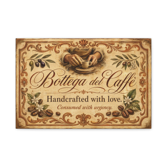 "Bottega del Caffe" Canvas Wall Art - Vintage Italian Coffee Quote Print, Olive Branches, Beans, Rustic Farmhouse Decor, Cafe Wall Hanging - Modern Farmhouse Style - Coffee Shop Decor - Ready to Hang
