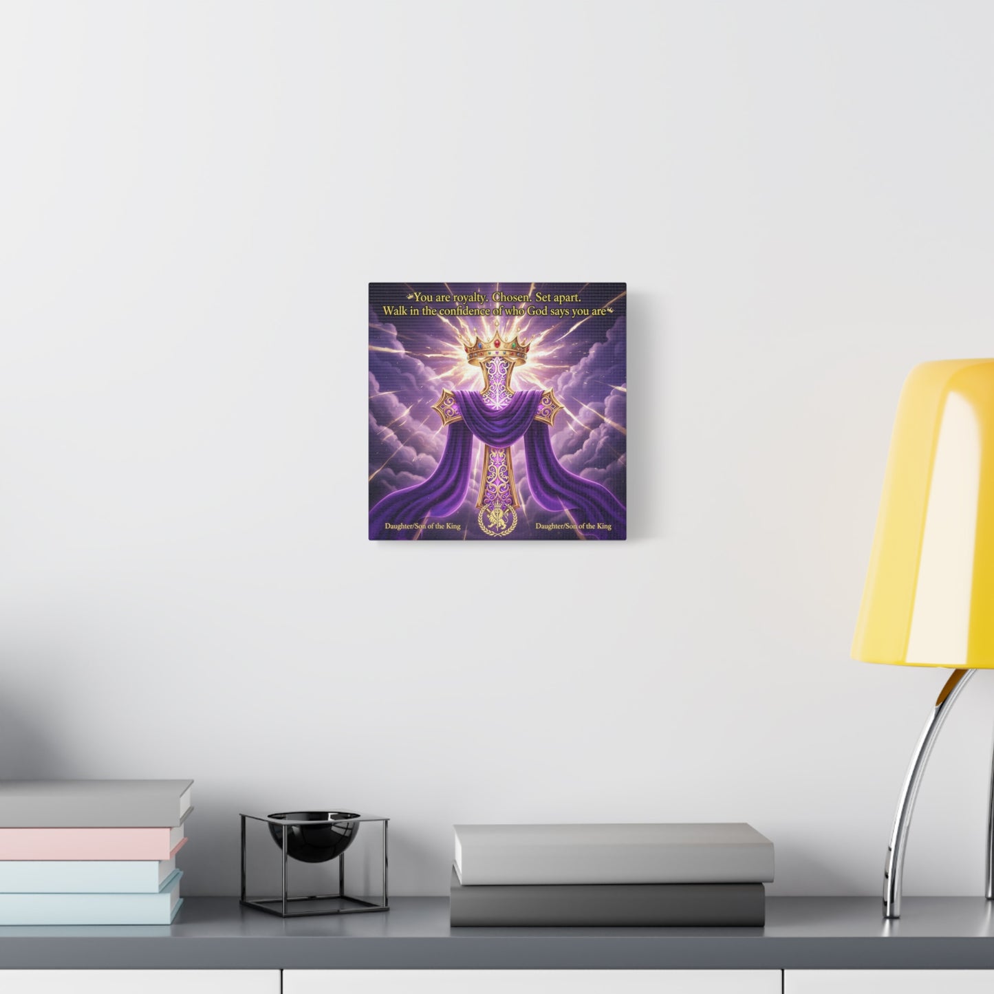 "You Are Royalty. Chosen. Set Apart." Christian Canvas Wall Art - Crowned Cross With Purple Draped Cloth, Daughter Son Of The King Quote - Religious Wall Decor For Bedroom, Office - Ready to Hang