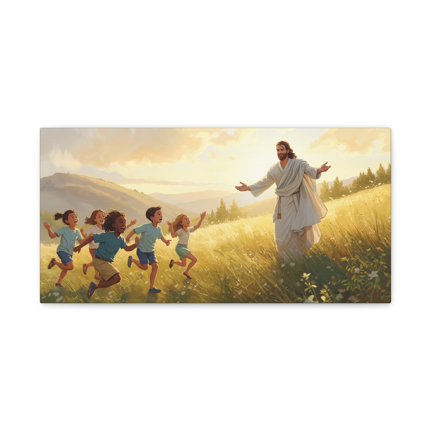 Jesus Christ With Children Canvas Wall Art - Golden Meadow Landscape, Christian Home Decor Print - Matte Cotton Canvas - Traditional Style For Living Room Bedroom Office - Living Room Wall Decor