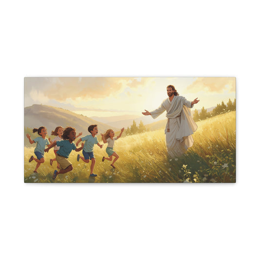 Jesus Christ With Children Canvas Wall Art - Golden Meadow Landscape, Christian Home Decor Print - Matte Cotton Canvas - Traditional Style For Living Room Bedroom Office - Living Room Wall Decor