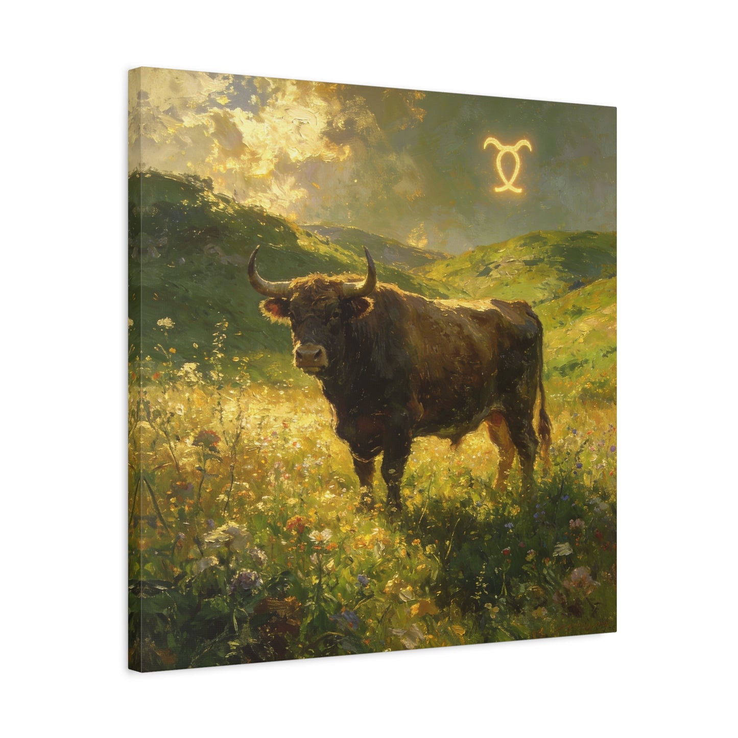 Taurus Bull Canvas Wall Art - Golden Meadow Landscape Painting, Zodiac Symbol, Rustic Contemporary Cotton Canvas Print, Living Room Wall Decor, Bedroom Home Decoration, Office Art Accent