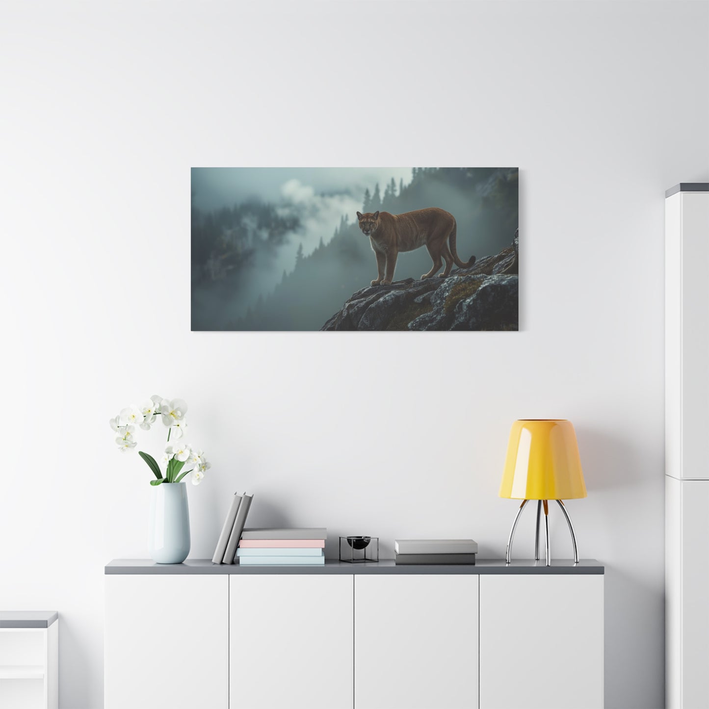 Mountain Lion Canvas Wall Art - Misty Forest Wildlife Landscape, Matte Canvas Print - Moody Contemporary Nature Decor - Living Room Wall Decor, Office Art, Rustic Lodge Accent - Modern Farmhouse Style