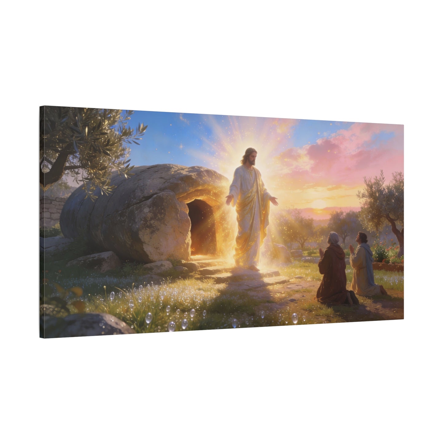 Resurrection Of Jesus Christ Canvas Wall Art - Empty Tomb Sunrise Christian Decor - Glowing Sacred Illustration, Traditional Style - Bedroom Wall Decor, Living Room Home Accent - Cozy Reading Nook Art