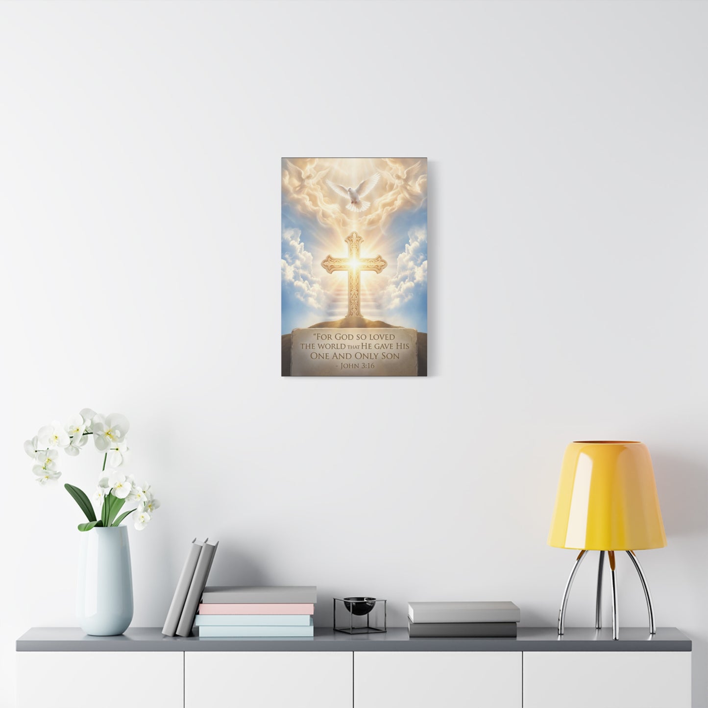 "For God So Loved The World That He Gave His One And Only Son" Christian Canvas Wall Art - Glowing Cross, Dove And Angels - Traditional Religious Wall Decor - Bedroom Living Room - Ready to Hang