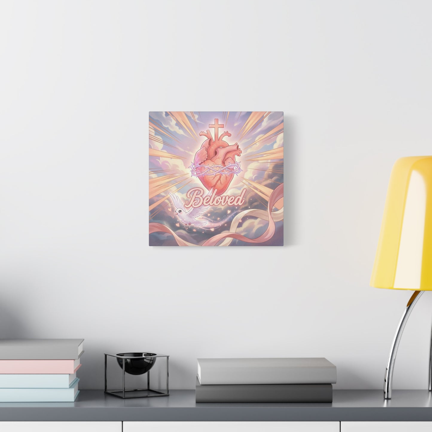 "Beloved" Sacred Heart Canvas Wall Art - Cross, Dove, Crown Of Thorns Christian Decor - Pink Pastel Religious Print - Inspirational Bedroom Home Decoration, Living Room Wall Decor - Ready to Hang