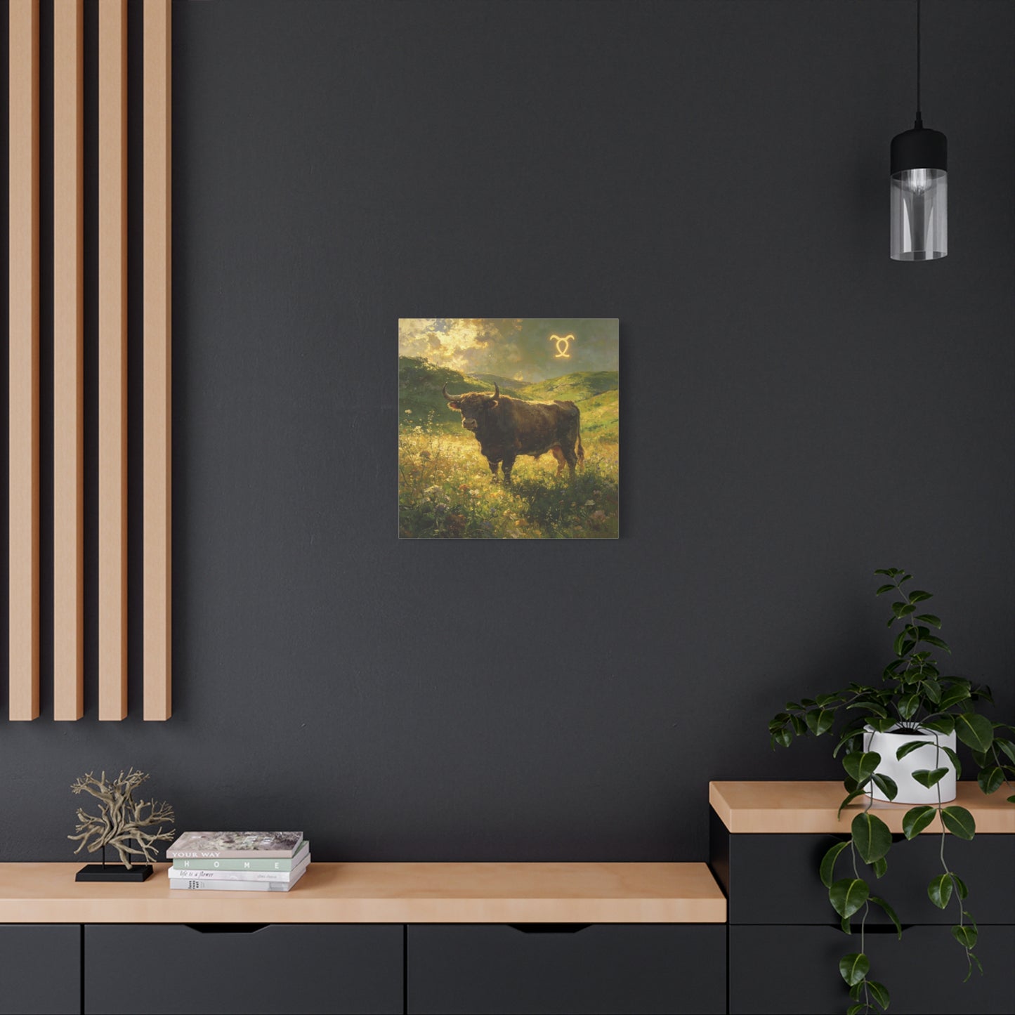 Taurus Bull Canvas Wall Art - Golden Meadow Landscape Painting, Zodiac Symbol, Rustic Contemporary Cotton Canvas Print, Living Room Wall Decor, Bedroom Home Decoration, Office Art Accent
