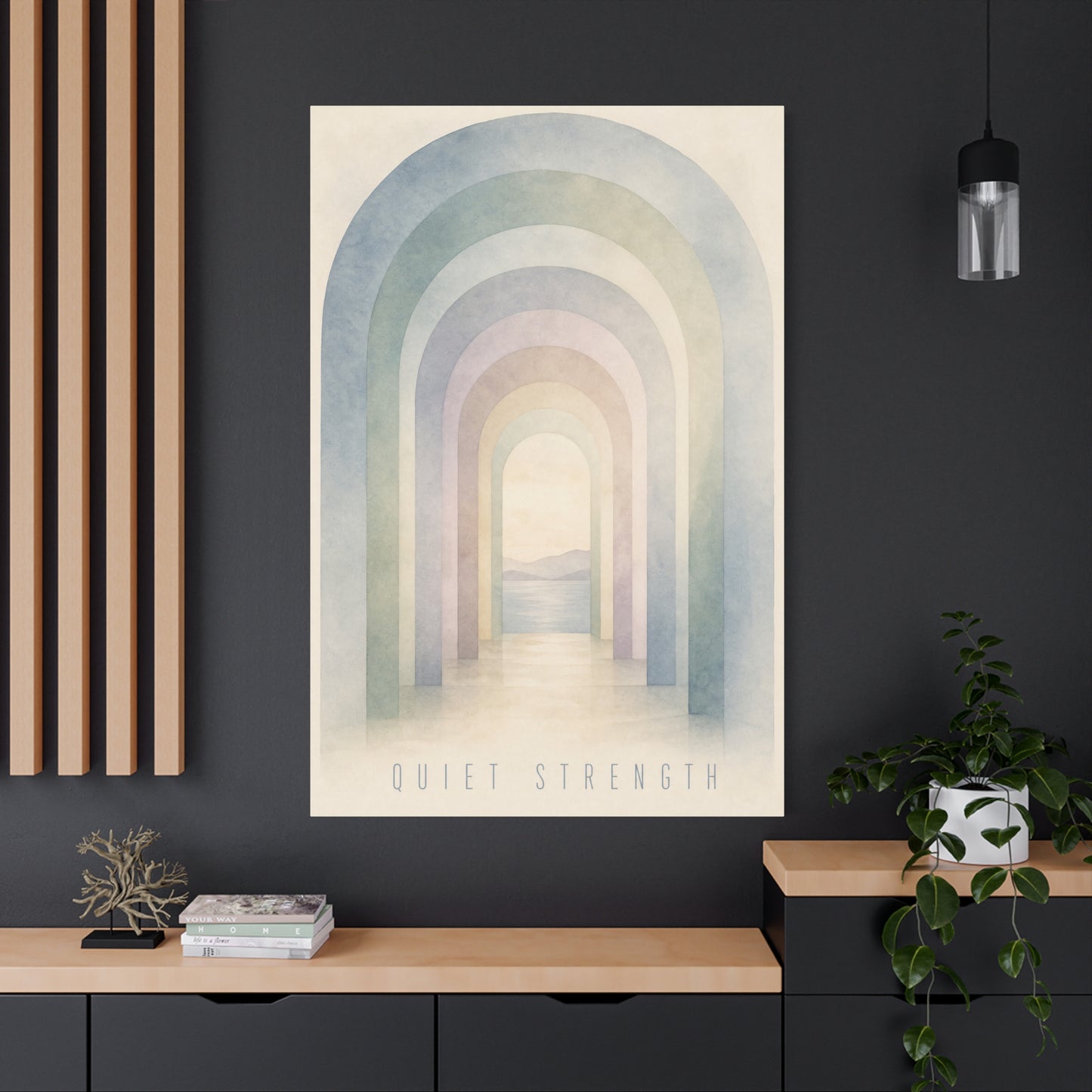 "Quiet Strength" Rainbow Arch Canvas Wall Art - Pastel Abstract Landscape Print, Minimalist Boho Home Decor - Serene Bedroom Wall Hanging, Nursery Room Decoration, Meditation Space - Ready to Hang