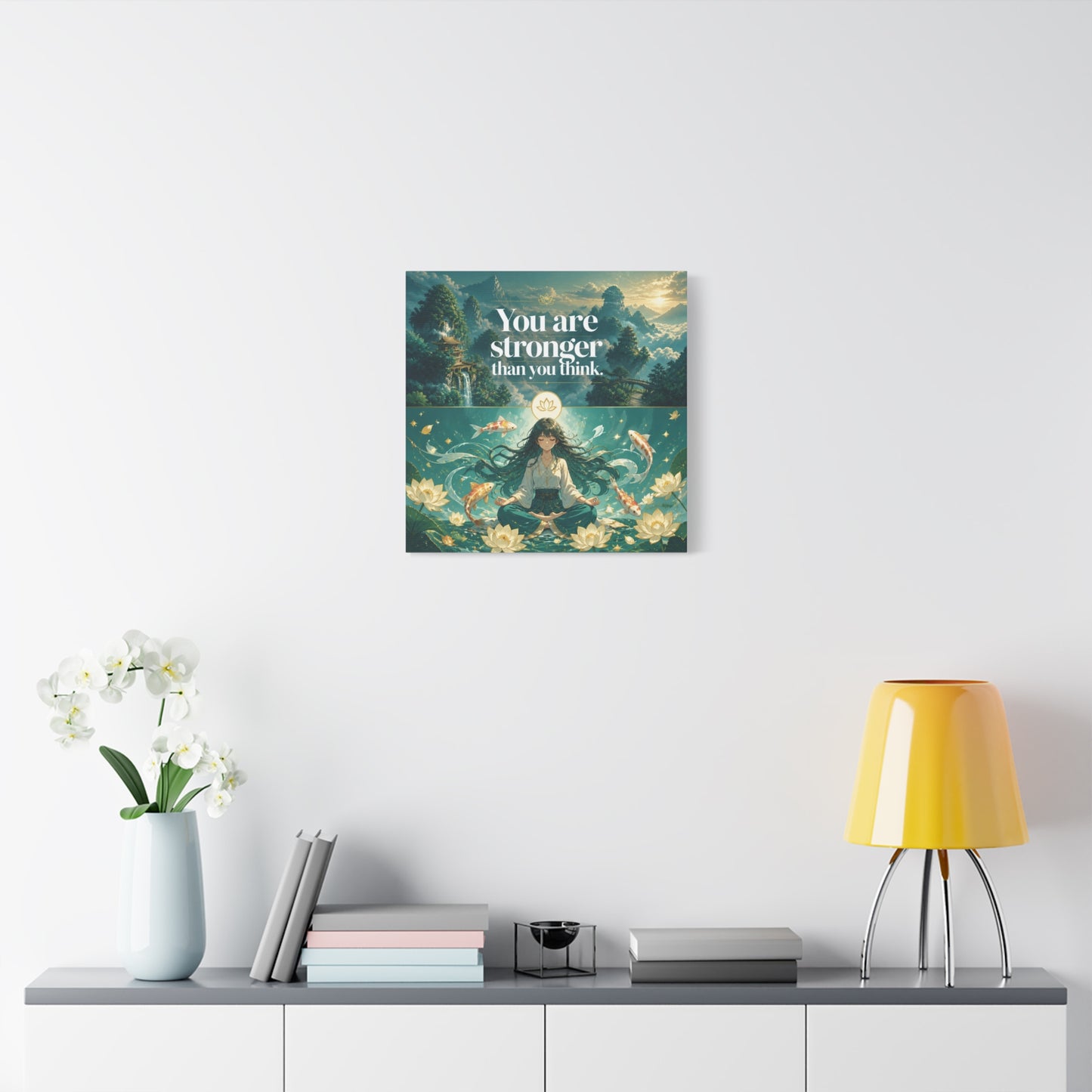 "You Are Stronger Than You Think." Inspirational Canvas Wall Art - Meditating Girl, Koi Fish, Lotus Lake - Zen Fantasy Landscape - Bedroom Wall Decor, Meditation Space, Jellyfish Room Decor