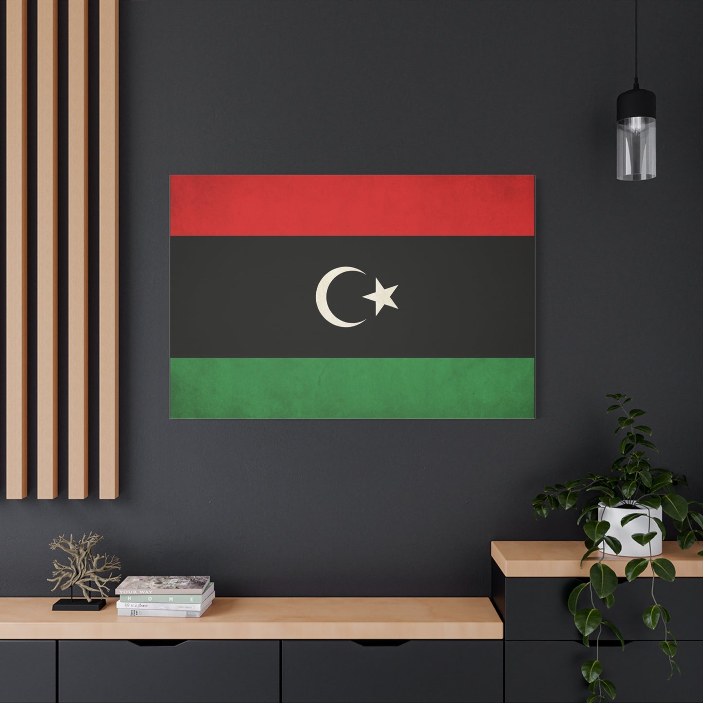 Libya Flag Canvas Wall Art - Red Black Green Crescent Star Print Picture - Vintage Patriotic Style, Matte Finish Canvas Print, Living Room Wall Decor, Bedroom Home Decoration - Bedroom Home Decoration