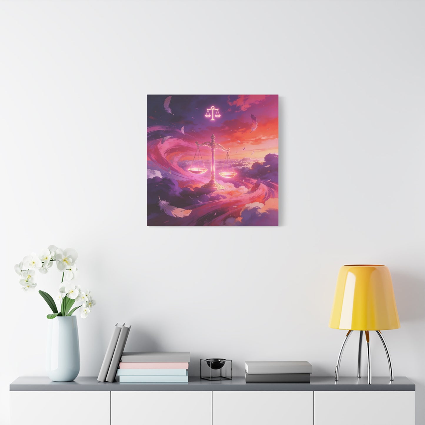 Libra Scales Canvas Wall Art - Zodiac Sky Illustration, Glowing Balance Symbol - Matte Cotton Art Print, Contemporary Celestial Style - Bedroom Home Decoration, Office Wall Decor - Ready to Hang
