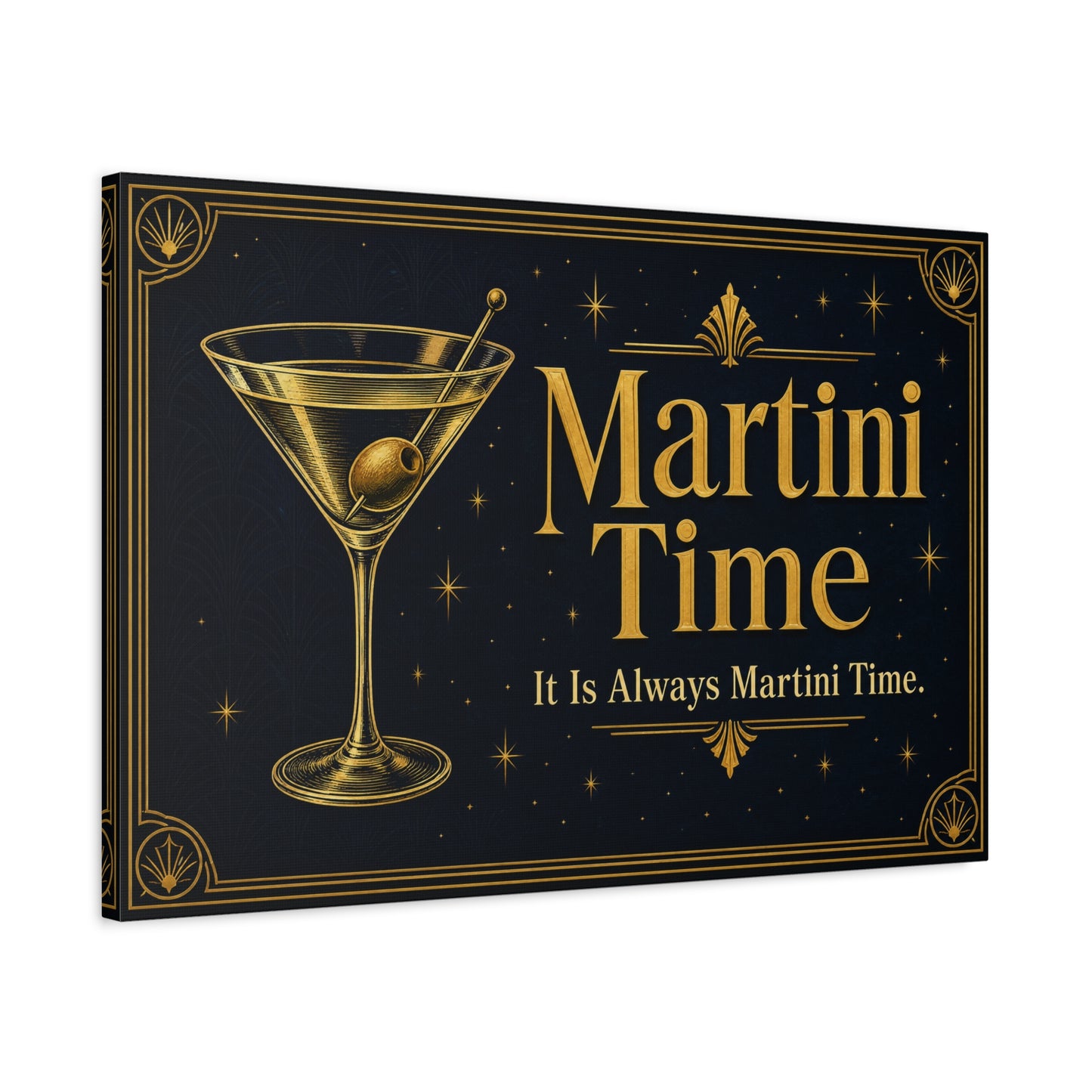 "Martini Time" Cocktail Canvas Wall Art - Art Deco Martini Glass Quote Print, Black And Gold Bar Cart Decor, Vintage Lounge Style - Ready to Hang - Ready to Hang - Tavern Wall Decor - HP Latex Print