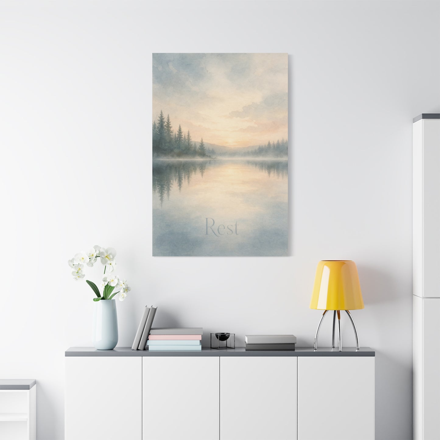"Rest" Misty Lake Canvas Wall Art - Pine Forest Sunrise Reflection Print - Serene Landscape Home Decor, Bedroom Wall Hanging, Minimalist Nature Artwork, Meditation Space Accent - Ready to Hang