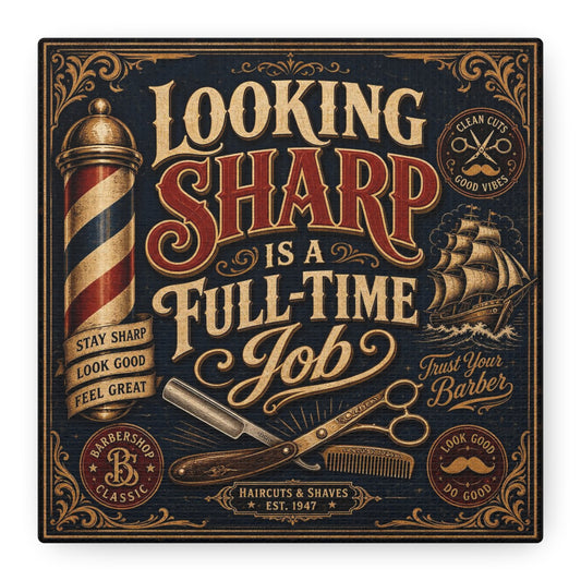 "Looking Sharp Is A Full-Time Job" Barber Shop Canvas Wall Art - Vintage Typography Salon Decor, Razor Scissors Pole Illustration, Barbershop Workspace Wall Decor, Rustic Office Art - Ready to Hang