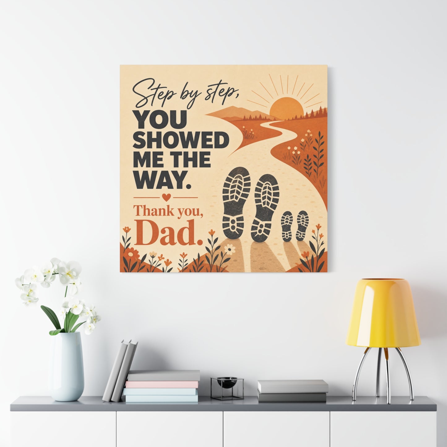 "Step By Step, You Showed Me The Way. Thank You, Dad." Canvas Wall Art - Father Quote Sunset Path Print, Rustic Modern Typography Decor, Bedroom Home Decoration - Office Wall Art - Ready to Hang
