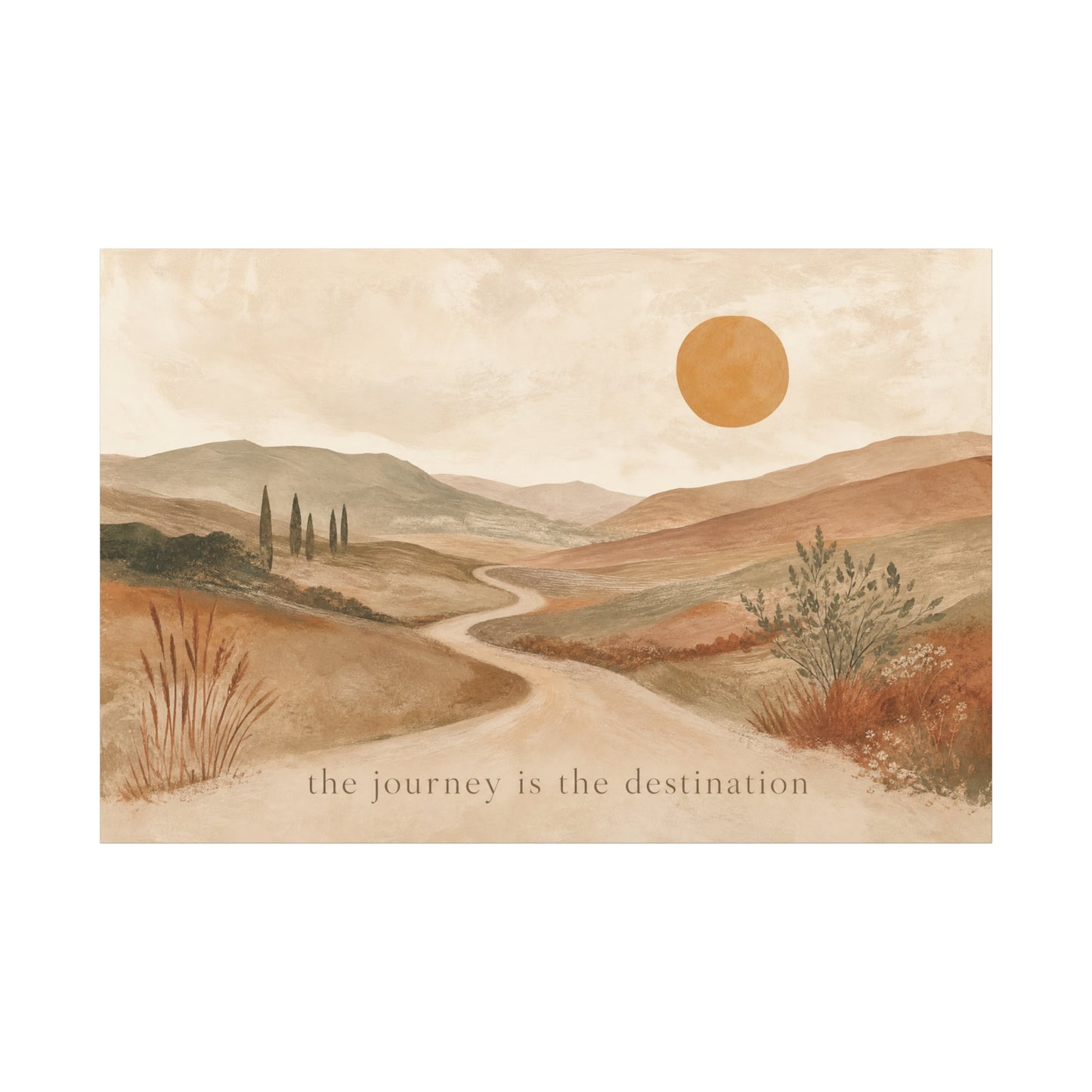"The Journey Is The Destination" Landscape Canvas Wall Art - Desert Hills, Winding Path, Terracotta Sun - Minimalist Typography Print - Bedroom Wall Decor, Living Room Home Decoration - Ready to Hang