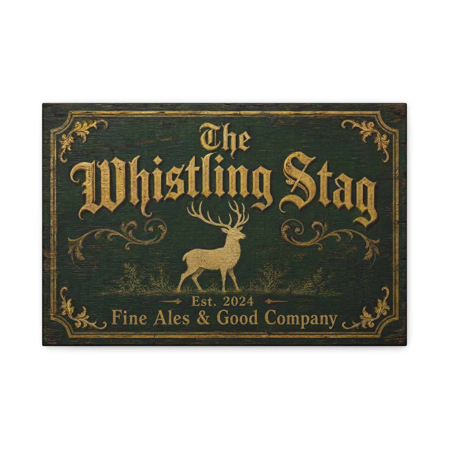 "The Whistling Stag" Canvas Wall Art - Vintage Deer Tavern Sign, Rustic Typography Print - Woodland Pub Style, Green And Gold - Bar Cart Accent - Ready to Hang - Pub Wall Art - Cocktail Lounge Decor