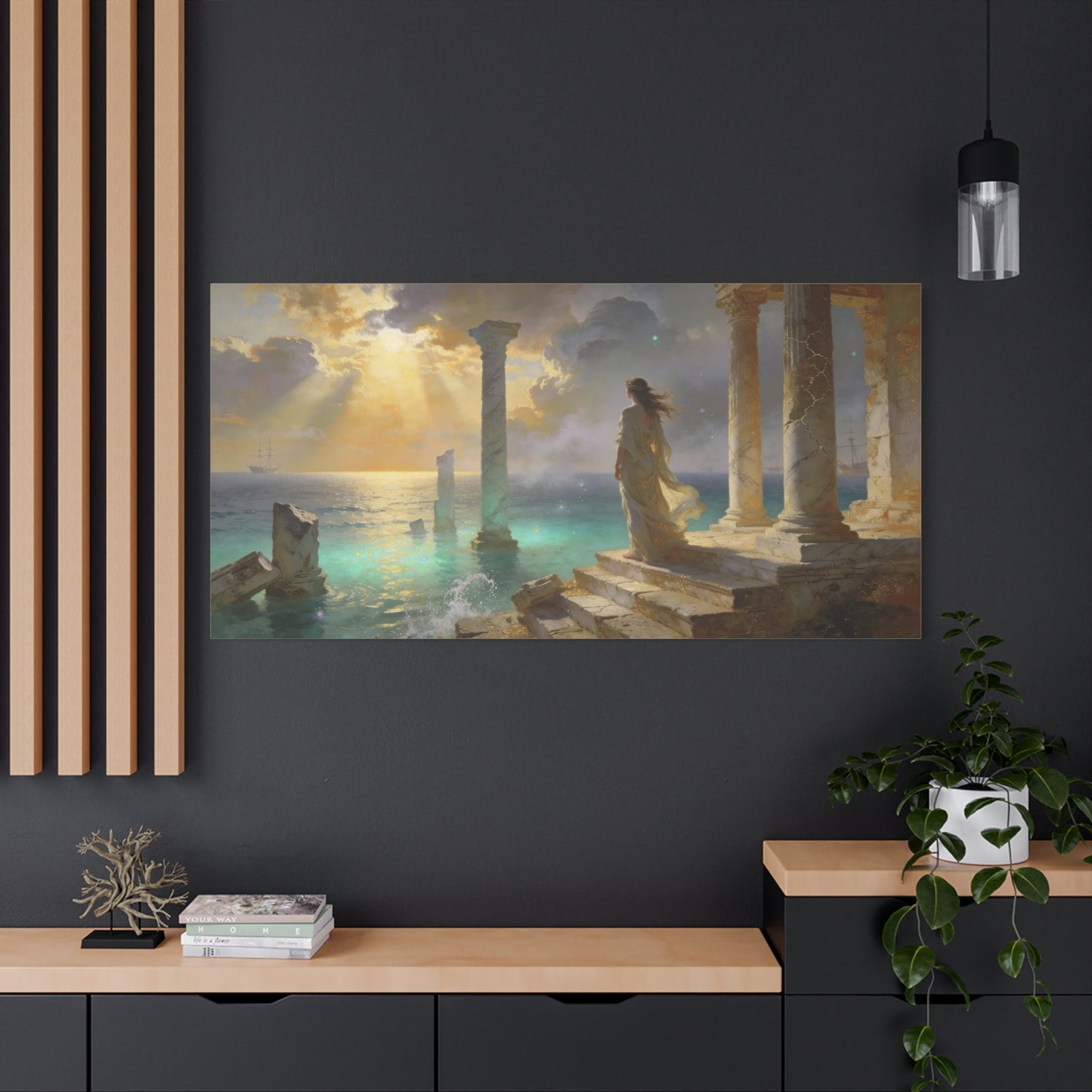 Seaside Ruins Canvas Wall Art - Woman In Flowing Gown, Sunbeams Over Ancient Columns - Luminous Coastal Painting - Living Room Wall Decor, Bedroom Home Decoration, Office Art - Bedroom Home Decoration