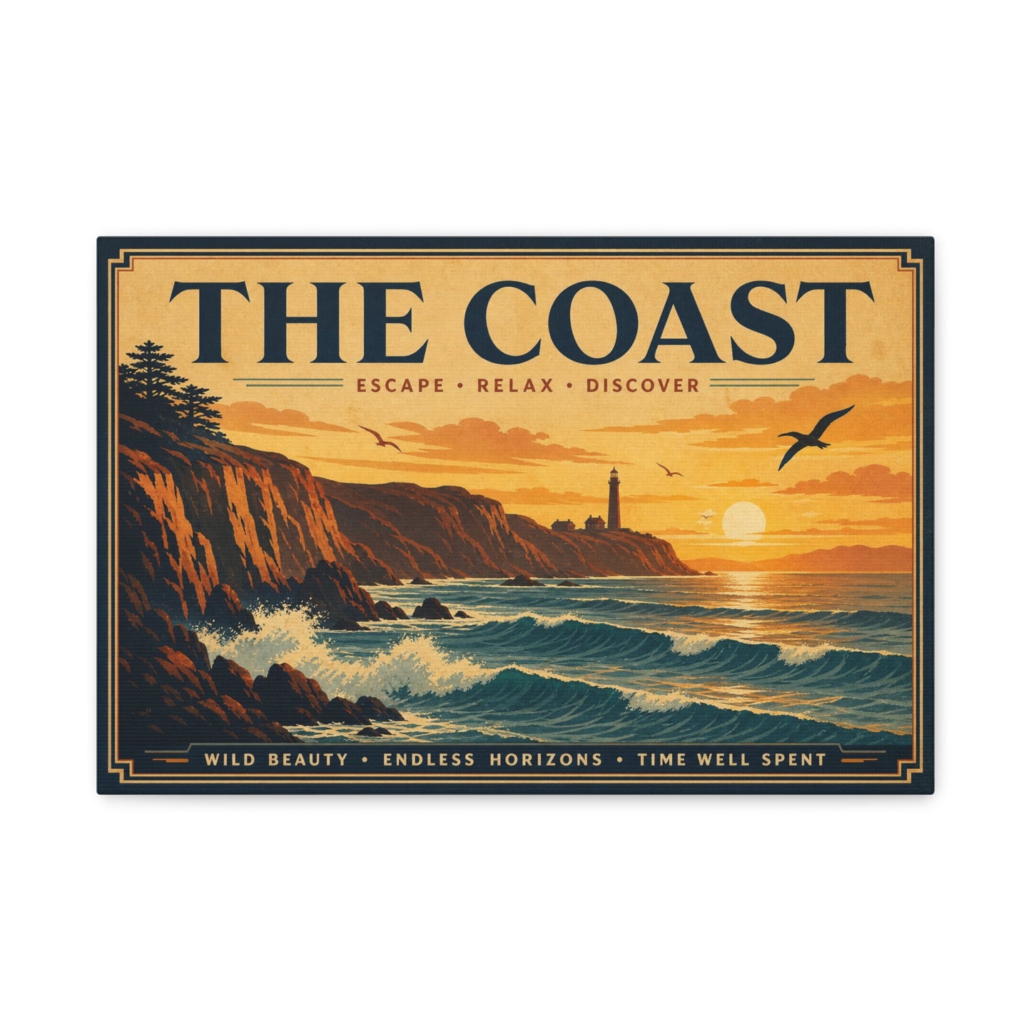 "The Coast" Coastal Canvas Wall Art - Vintage Lighthouse Sunset Ocean Waves Print - Retro Seascape Home Decor, Nautical Living Room Wall Decor - Modern Farmhouse Style - Bedroom Home Decoration