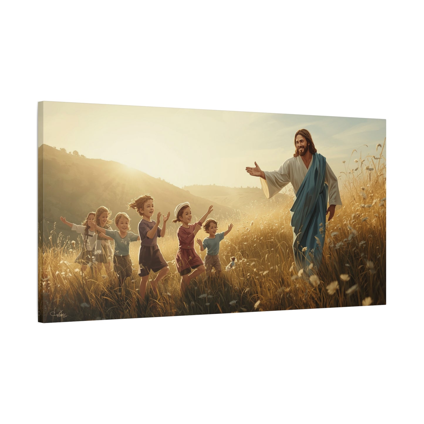 Jesus Christ With Children Canvas Wall Art - Golden Meadow Christian Print - Matte Cotton Ready to Hang - Traditional Religious Decor for Living Room, Bedroom, Nursery, Office - Living Room Wall Decor