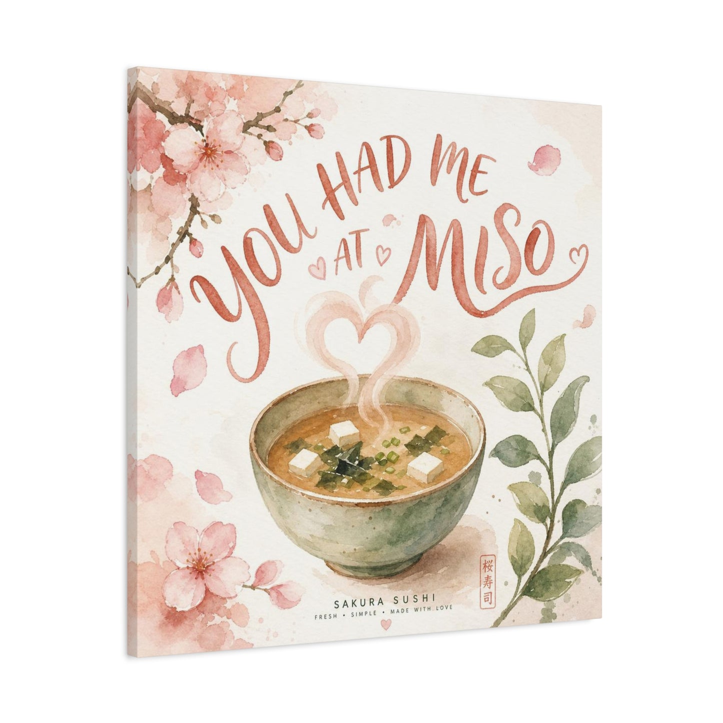 "You Had Me At Miso" Canvas Wall Art - Watercolor Soup Bowl, Cherry Blossom Typography - Japanese Food Illustration, Pink Botanical Style - Kitchen Wall Decor, Dining Room Accent - Ready to Hang