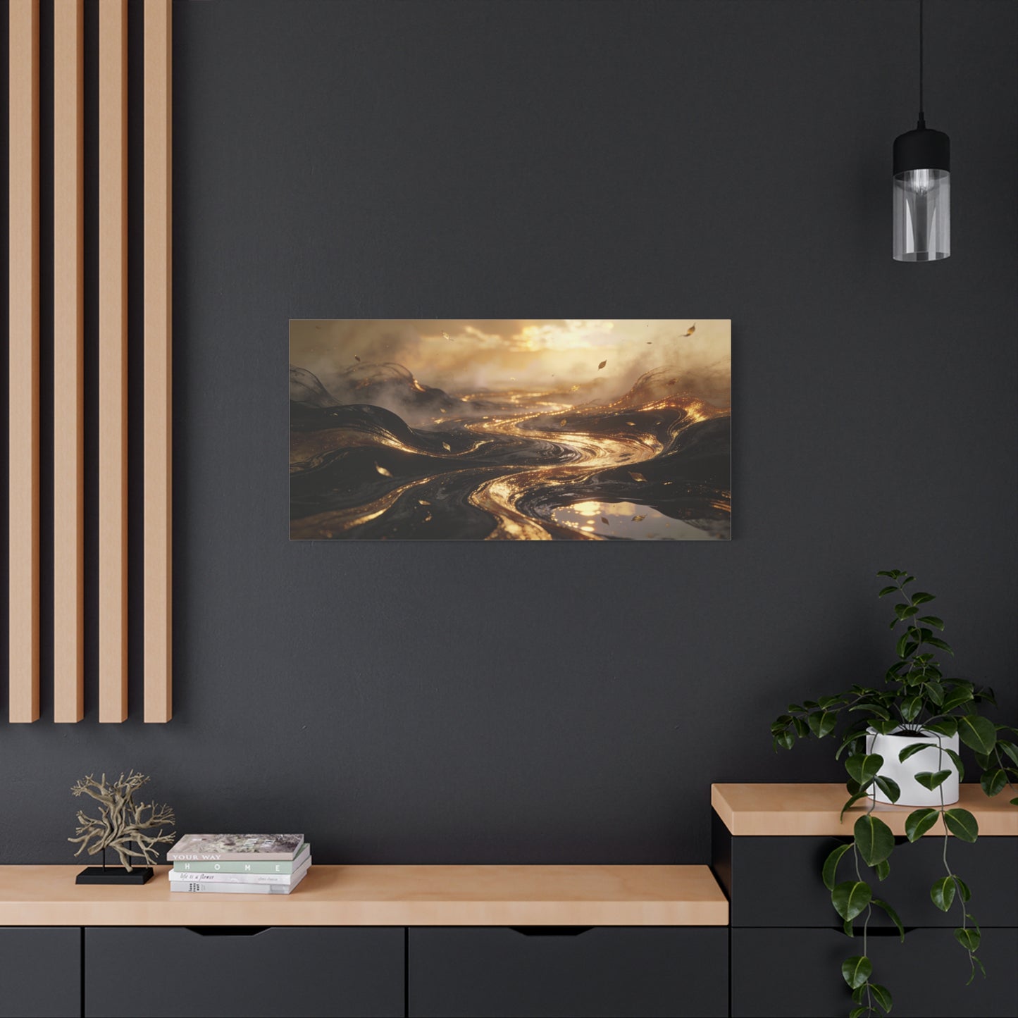 Abstract Gold River Canvas Wall Art - Luminous Flowing Landscape, capiz shells wall decor - Matte Cotton Print, Contemporary Style - Living Room Wall Decor, Bedroom Home Decoration - Ready to Hang