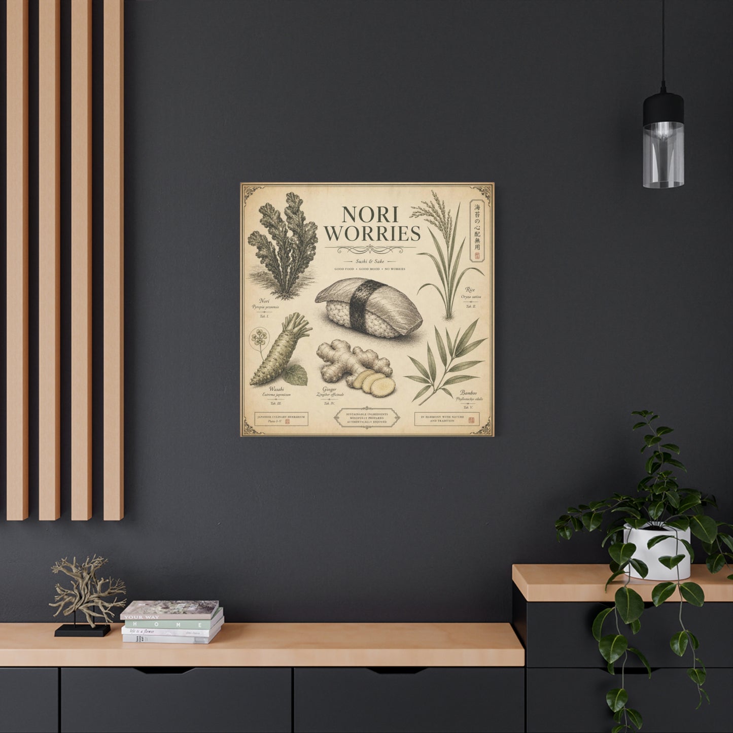 "Nori Worries" Sushi And Sake Canvas Wall Art - Vintage Japanese Culinary Herbarium Print, Rice Nori Wasabi Ginger Bamboo Illustration - Kitchen Wall Decor, Dining Room Accent - Modern Farmhouse Style