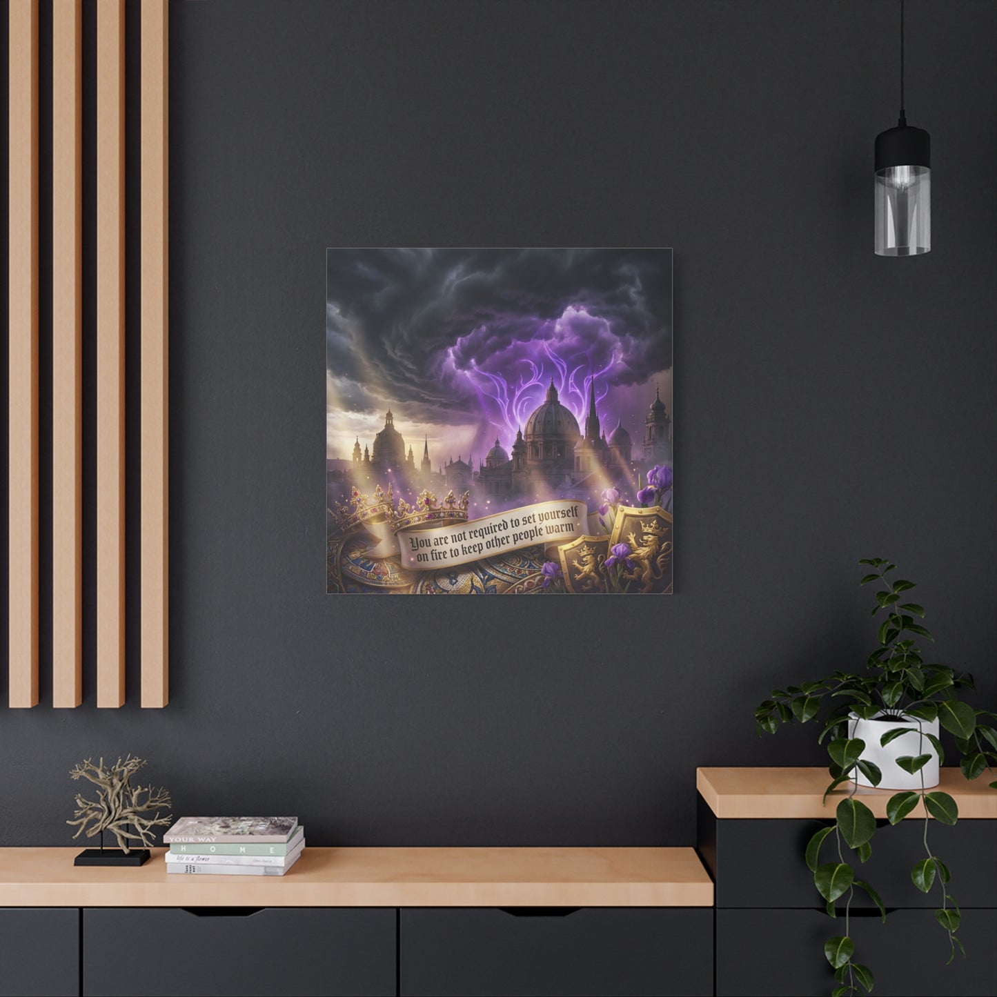 "You Are Not Required To Set Yourself On Fire" Canvas Wall Art - Gothic Castle Quote Decor, Purple Storm Sky, Crown And Iris Fantasy Print - Bedroom Home Decoration, Living Room Accent - Ready to Hang
