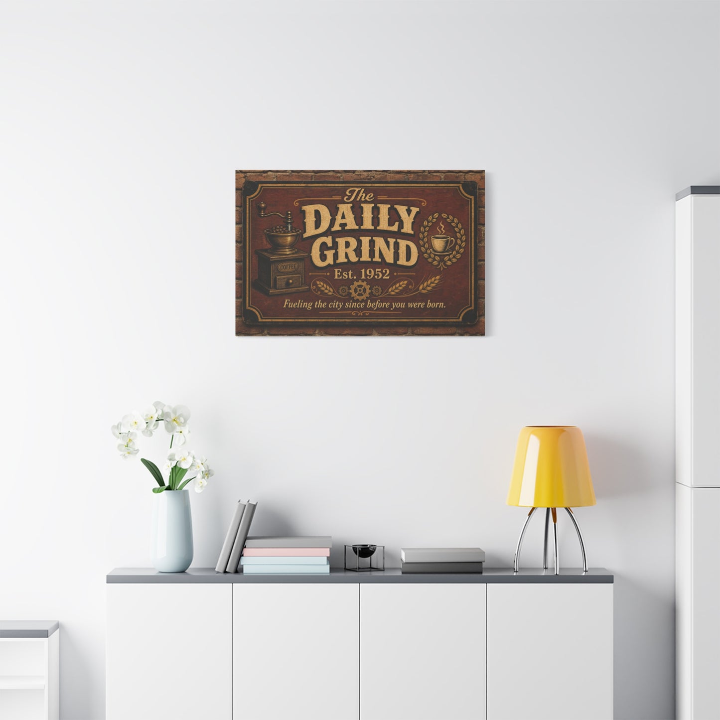 "The Daily Grind" Coffee Canvas Wall Art - Vintage Cafe Sign, Rustic Brown Typography Print, Farmhouse Decor, Coffee Bar Wall Hanging - Bistro Decor - Espresso Bar Sign - Gallery Wrapped Canvas