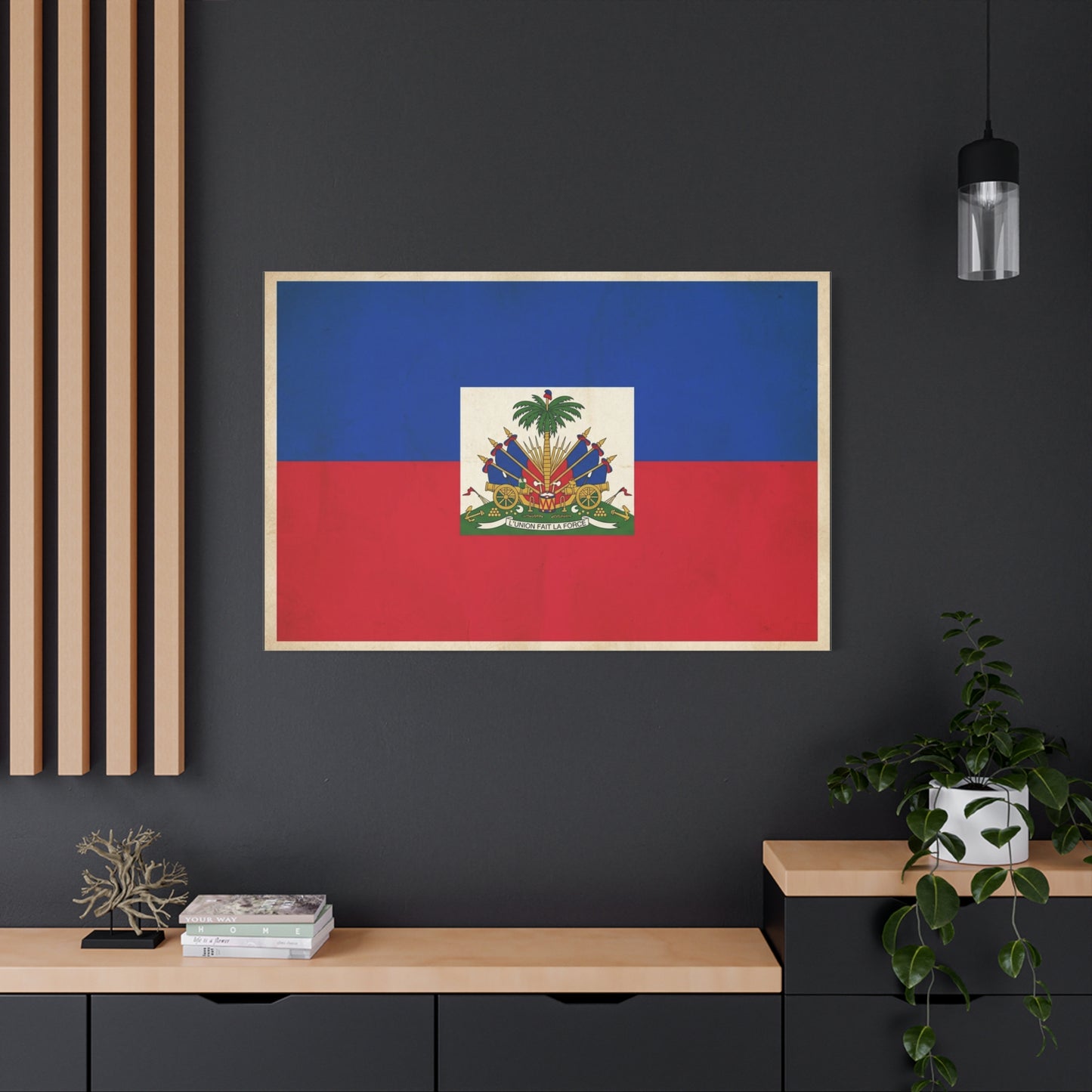 Haiti Flag Canvas Wall Art - Haitian Flag Print With Coat Of Arms, Patriotic Blue Red Banner - Framed Look Matte Canvas - Living Room Wall Decor, Bedroom Home Decoration - Bedroom Home Decoration