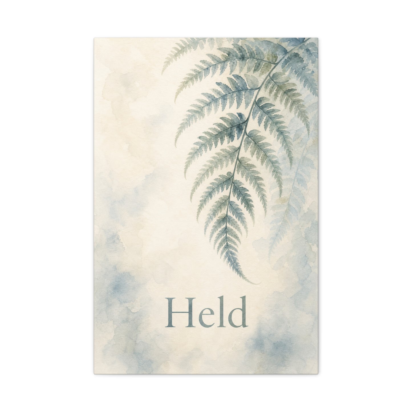 "Held" Fern Botanical Canvas Wall Art - Watercolor Leaf Print, Calming Bedroom Wall Decor, Minimalist Blue Green Nature Home Decoration, Meditation Space Accent - Ready to Hang - Cozy Reading Nook Art