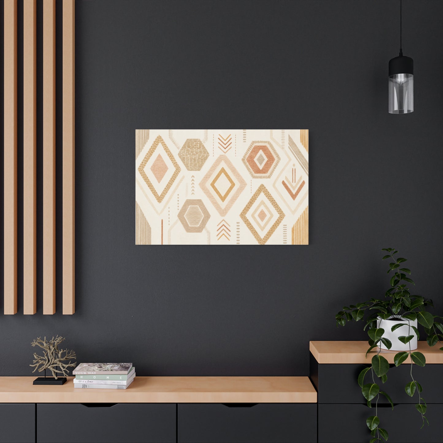 Neutral Geometric Canvas Wall Art - Boho Diamond And Hexagon Abstract Pattern - Beige Terracotta Modern Decor - Minimalist Living Room Decoration, Bedroom Accent, Contemporary Office Style