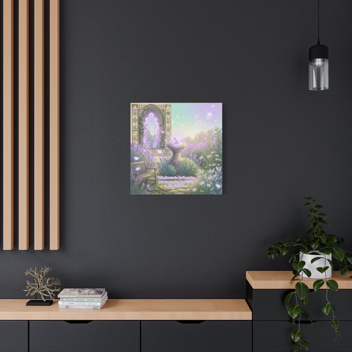 "Like Flowers In God's Garden, You Are Growing Beautifully In His Gentle Care" Canvas Wall Art - Lavender Garden Arch, Sundial Bench - Pastel Botanical Decor For Bedroom Living Room - Office Wall Art