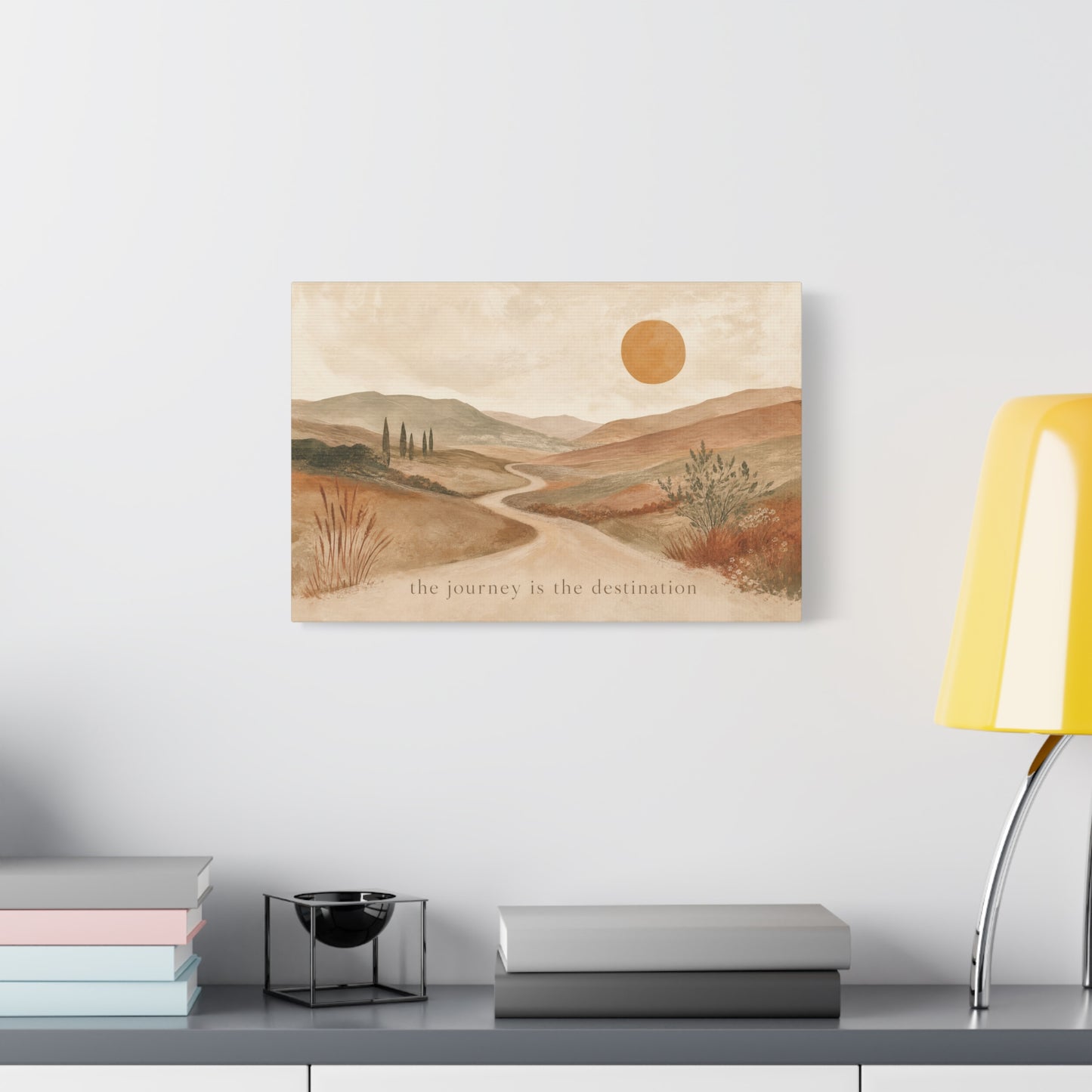 "The Journey Is The Destination" Landscape Canvas Wall Art - Desert Hills, Winding Path, Terracotta Sun - Minimalist Typography Print - Bedroom Wall Decor, Living Room Home Decoration - Ready to Hang