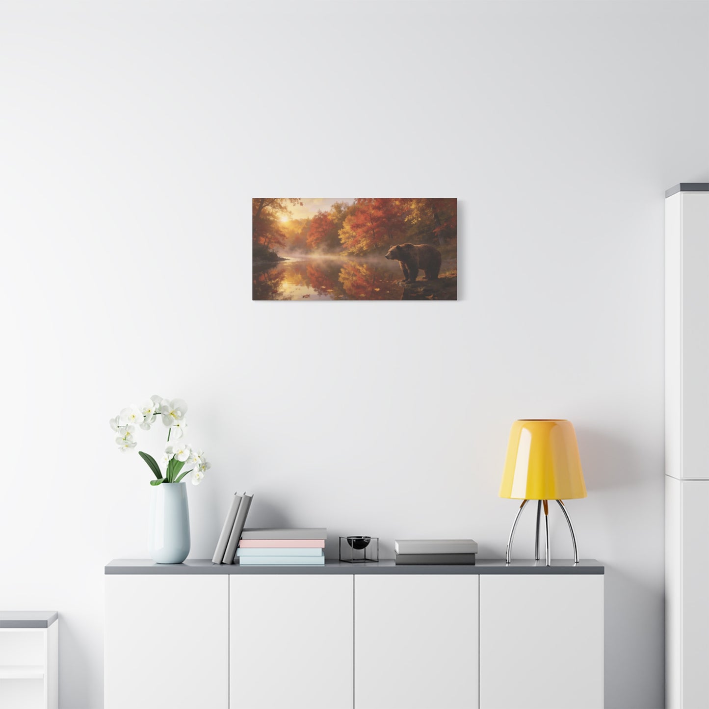 Brown Bear Canvas Wall Art - Autumn Forest River Sunrise Wildlife Print, Golden Mist Reflection, Matte Canvas Print, Rustic Lodge Style, Living Room Wall Decor Office Art - Bedroom Home Decoration