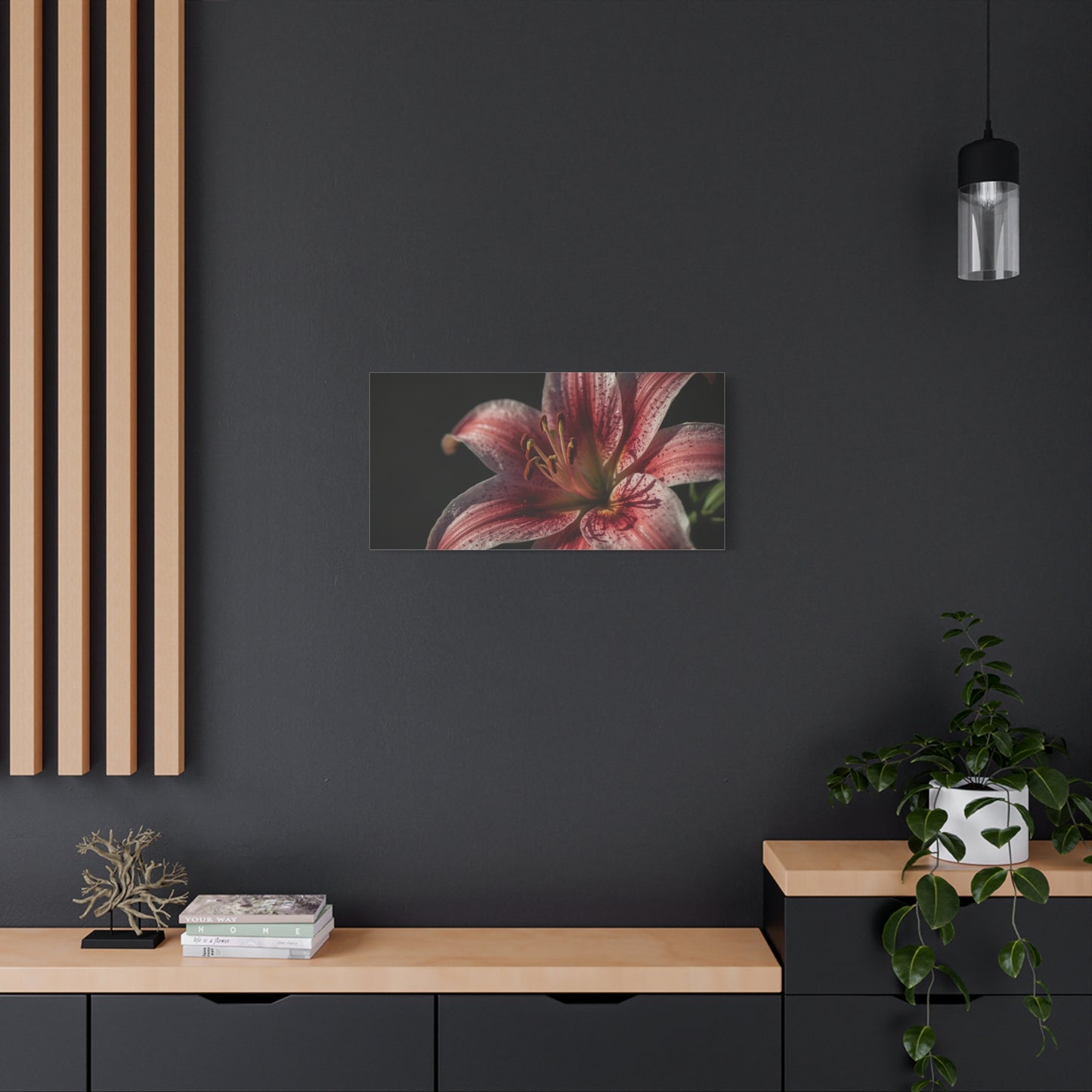 Pink Stargazer Lily Canvas Wall Art - Floral Macro Art Print, Dark Botanical Canvas Print - Matte Cotton Decor, Contemporary Style - Bedroom Wall Accent, Living Room Decoration - Ready to Hang